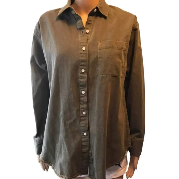 Aerie  Cotton Women Khaki Denim Button Up Blouse Size XS/TP Pocket - Picture 1 of 7